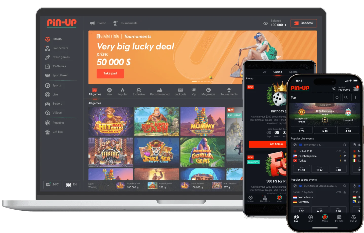 Plataforma Pin-Up accesible en computadora y móvil con juegos de casino y apuestas deportivas.